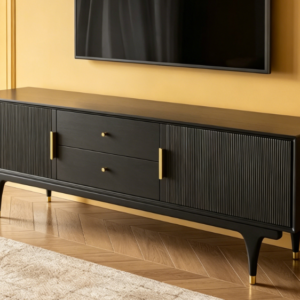 70.87-inch Mid-Temperature Modern Black TV Stand – Living Room Entertainment Center, with Storage, Assembled