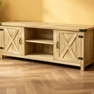 58-inch Modern Farmhouse TV Stand – White Oak, Double Barn Door Storage, Suitable for 65-inch and Larger TVs